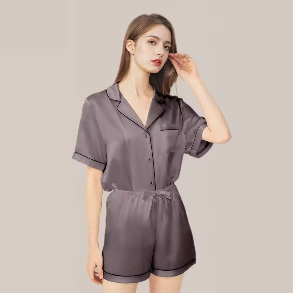 Women’s 100% Mulberry Silk Pajama Short Set, 19 Momme (SB41)
