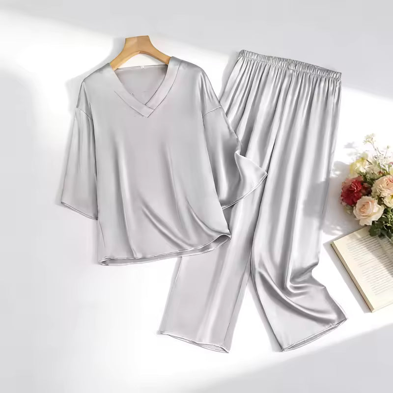 Women's 100% Mulberry Silk V-Neck Pajama Set, 20 Momme (SB37)