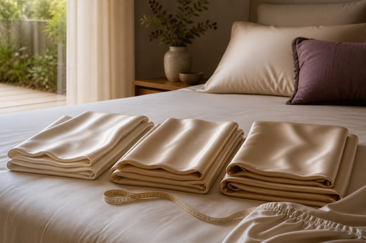 Mulberry silk bed sheet swatches in different momme weights on a premium bed