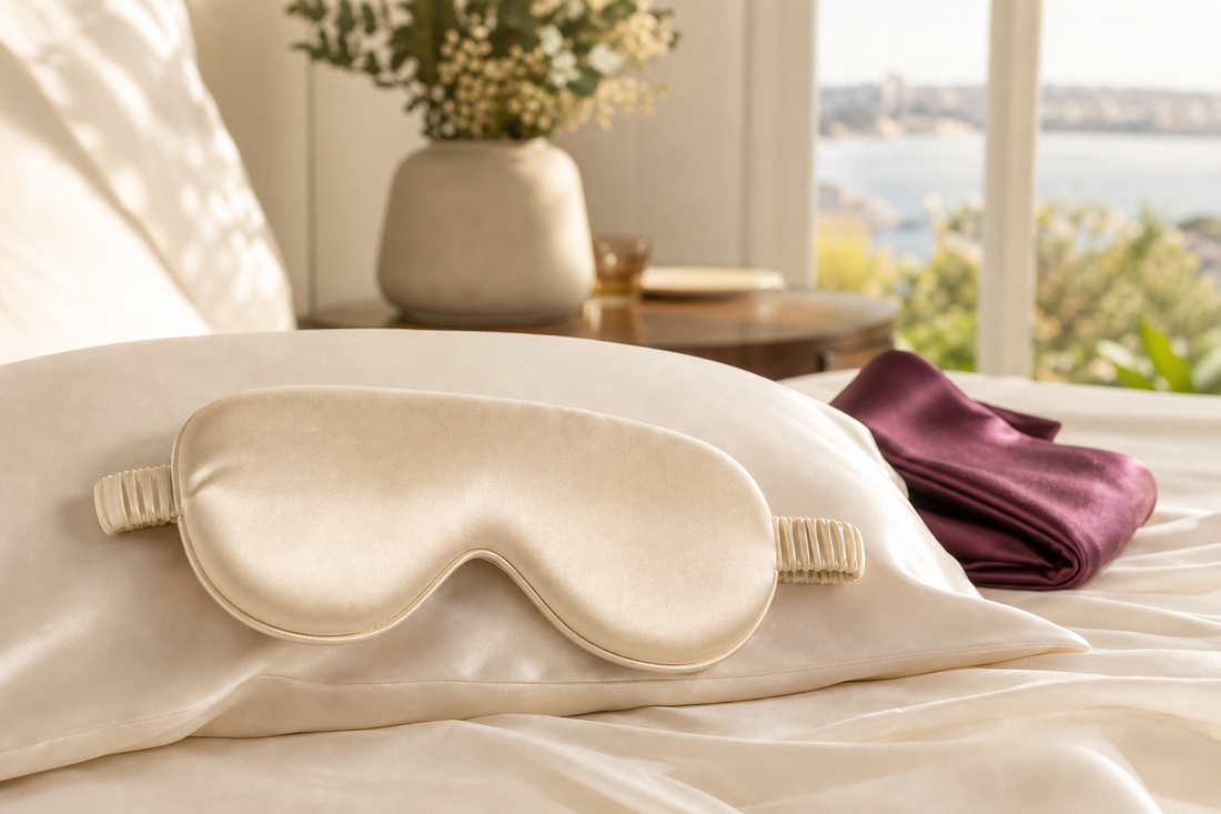 Contoured mulberry silk eye mask on a silk pillowcase in a warm bedroom