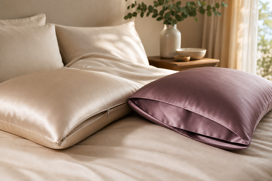 Zipper and envelope mulberry silk pillowcases compared on a premium bed