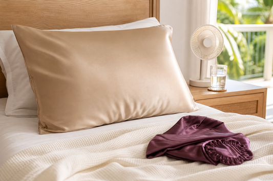 Mulberry silk pillowcase in an airy bedroom for hot sleepers