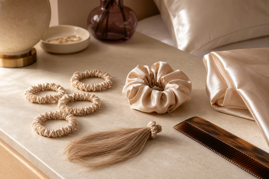 Mulberry silk scrunchies arranged for fine hair styling