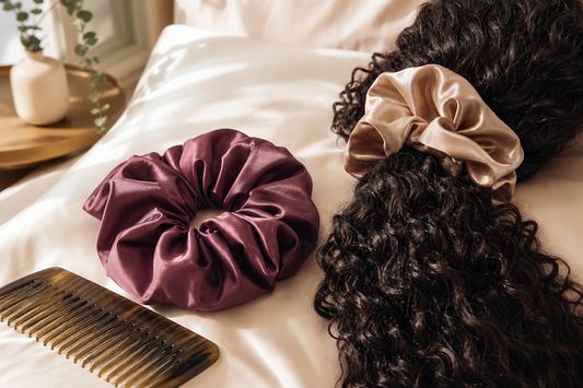 Oversized mulberry silk scrunchies styled for thick curly hair