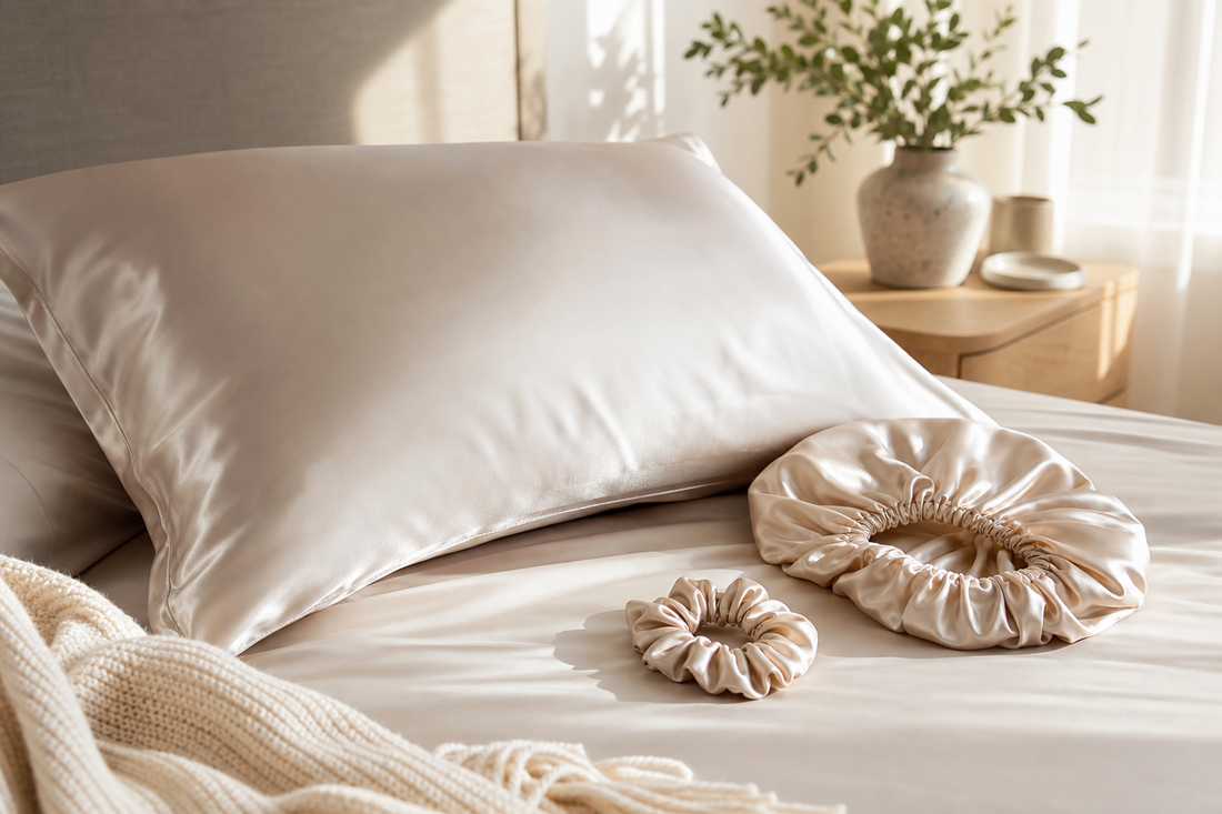 Silk pillowcase, bonnet and scrunchie for sleeping without damaging hair
