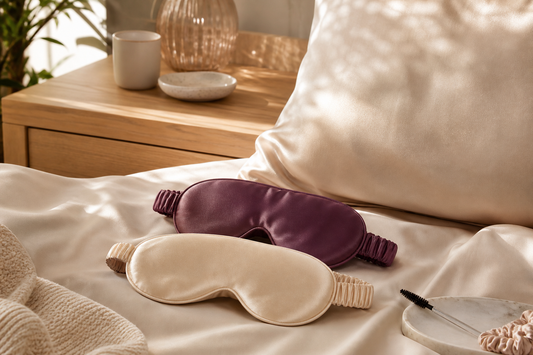 Mulberry silk eye masks beside a lash brush for eyelash extension care