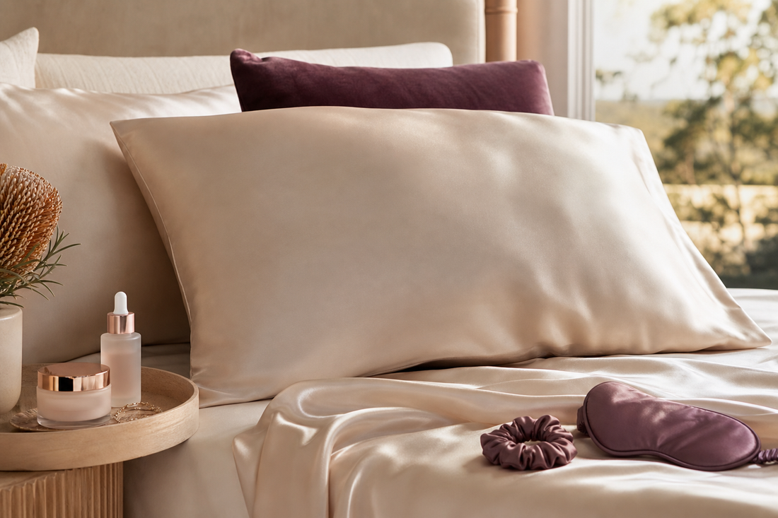 Mulberry silk pillowcase with skincare products on a premium bedside tray