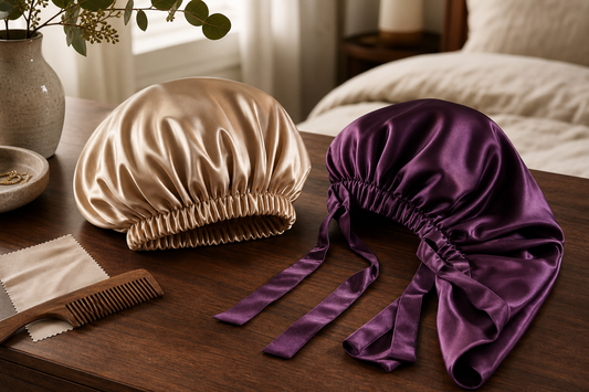 Elastic and adjustable mulberry silk bonnets displayed side by side