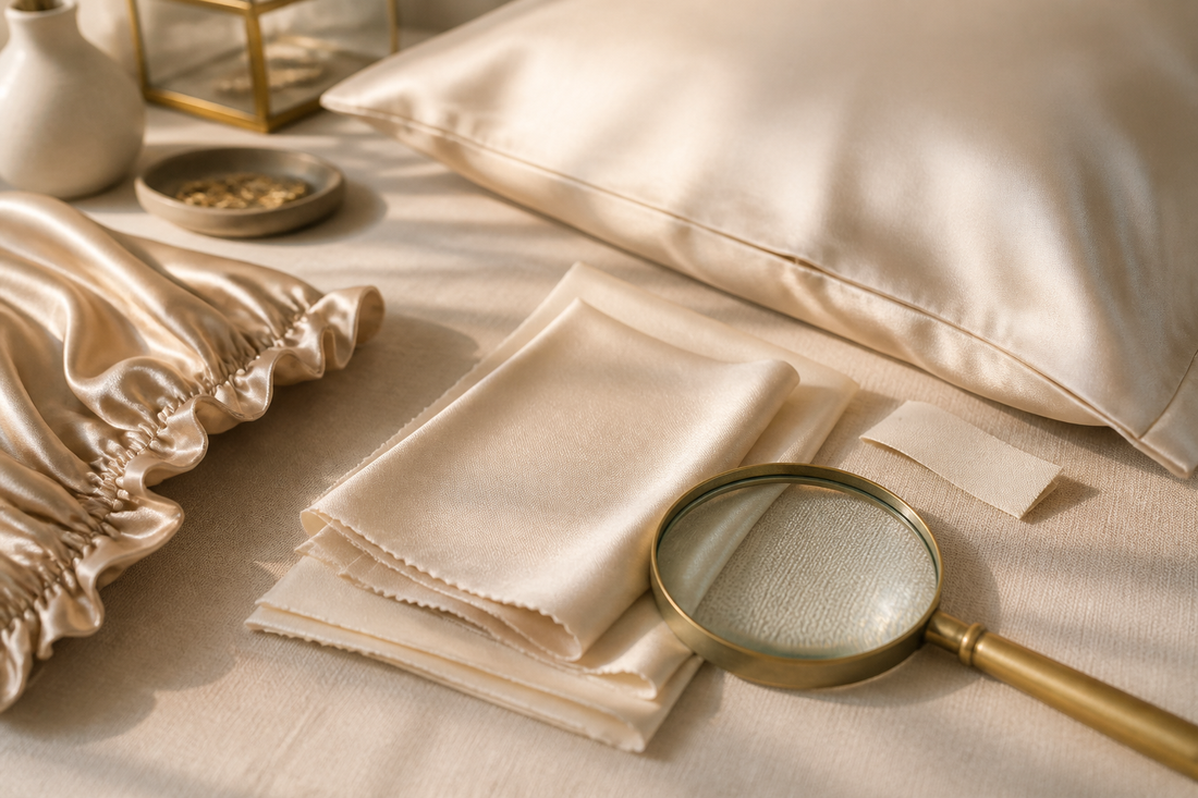 Mulberry silk swatches, pillowcase and bonnet inspected with a magnifying glass