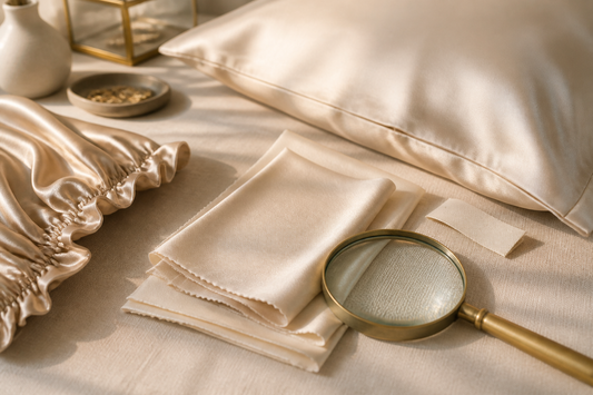Mulberry silk swatches, pillowcase and bonnet inspected with a magnifying glass