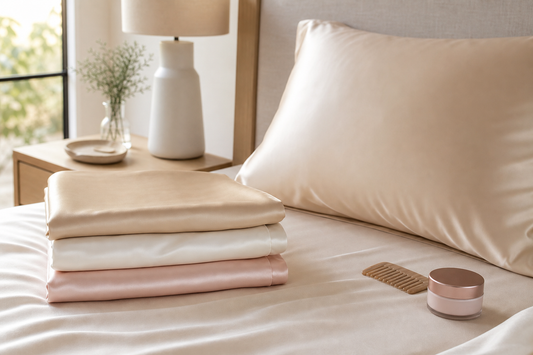 Three mulberry silk pillowcases folded for a clean weekly rotation