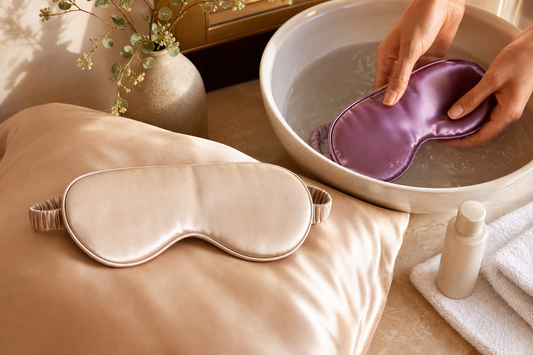 Mulberry silk eye masks being gently hand washed beside a silk pillowcase