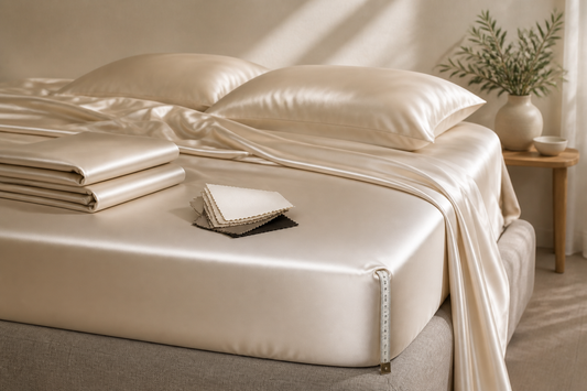 Mulberry silk bed sheets with swatches and measuring tape on an Australian bed