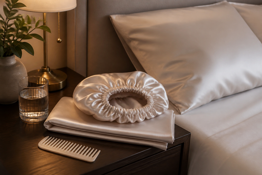 Mulberry silk bonnet and pillowcase for reducing overnight hair frizz