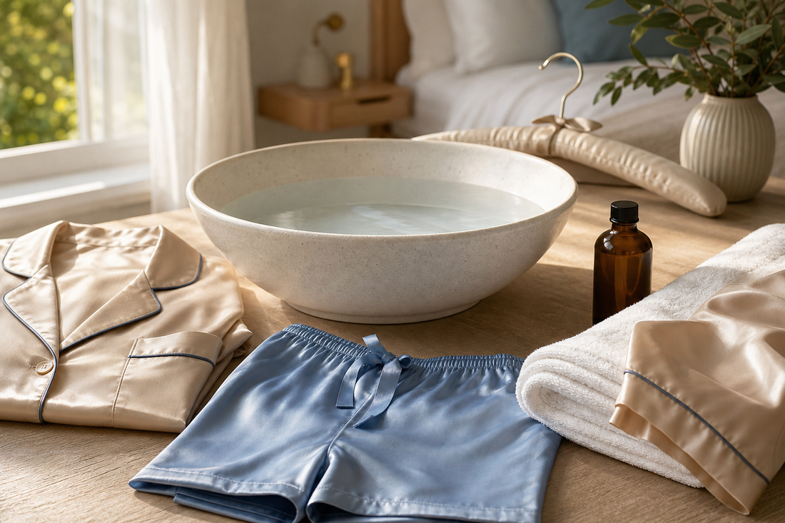 Mulberry silk pyjamas beside a cool hand wash basin and towel