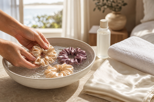 Mulberry silk scrunchies being gently hand washed in cool water