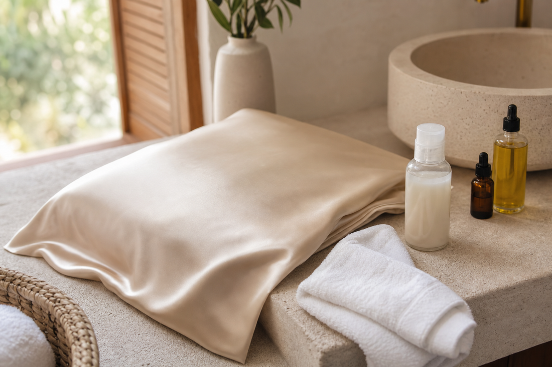 Mulberry silk pillowcase with gentle wash care setup for skincare and hair oil