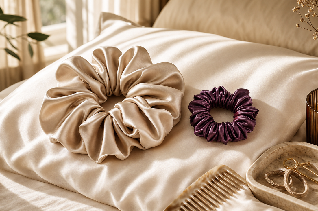 Oversized and slim mulberry silk scrunchies compared on a silk pillowcase
