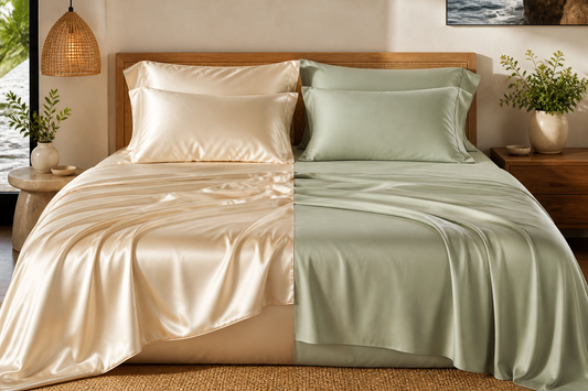 Mulberry silk sheets and bamboo-derived sheets compared on a premium bed