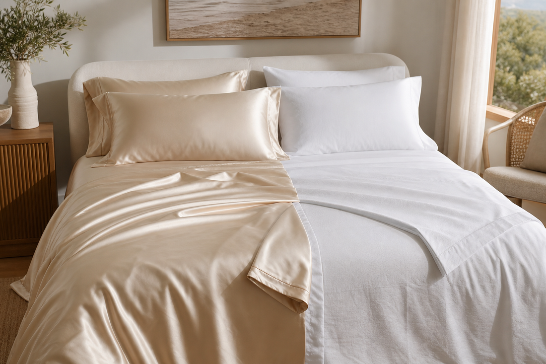Mulberry silk sheets and cotton sheets compared on a premium bed