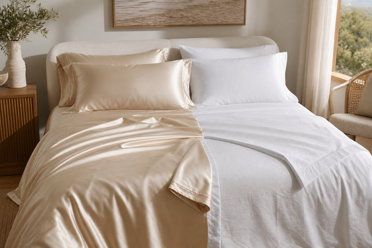 Mulberry silk sheets and cotton sheets compared on a premium bed