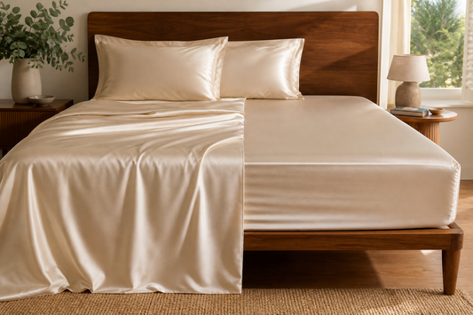 Mulberry silk bedding set and fitted sheet compared on a premium bed