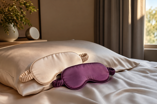 Mulberry silk eye masks on a silk pillowcase for daytime sleep