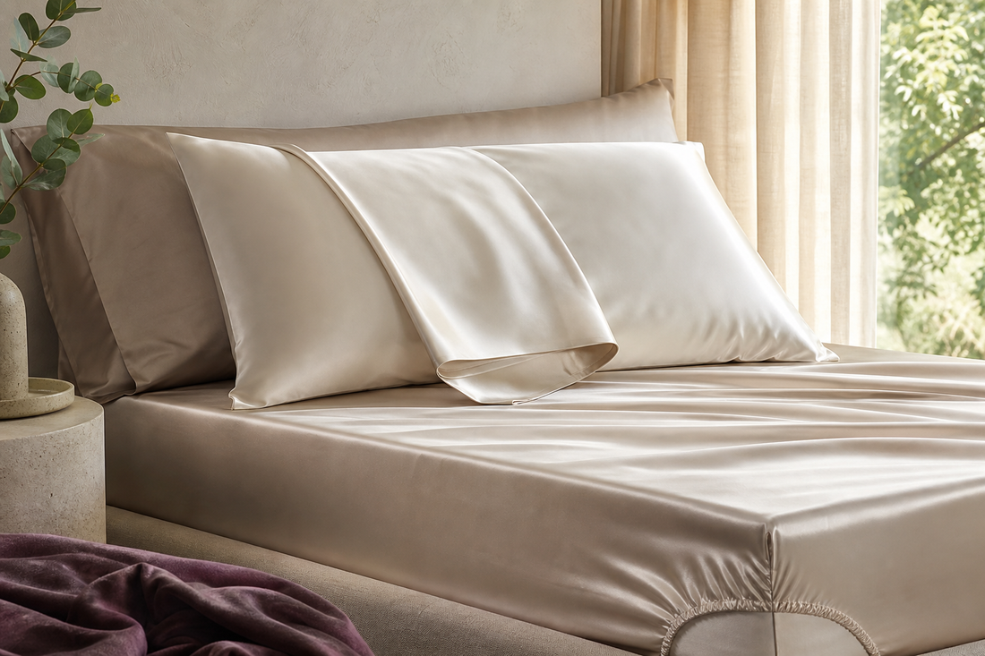 Mulberry silk fitted sheet and pillowcase compared on a premium bed