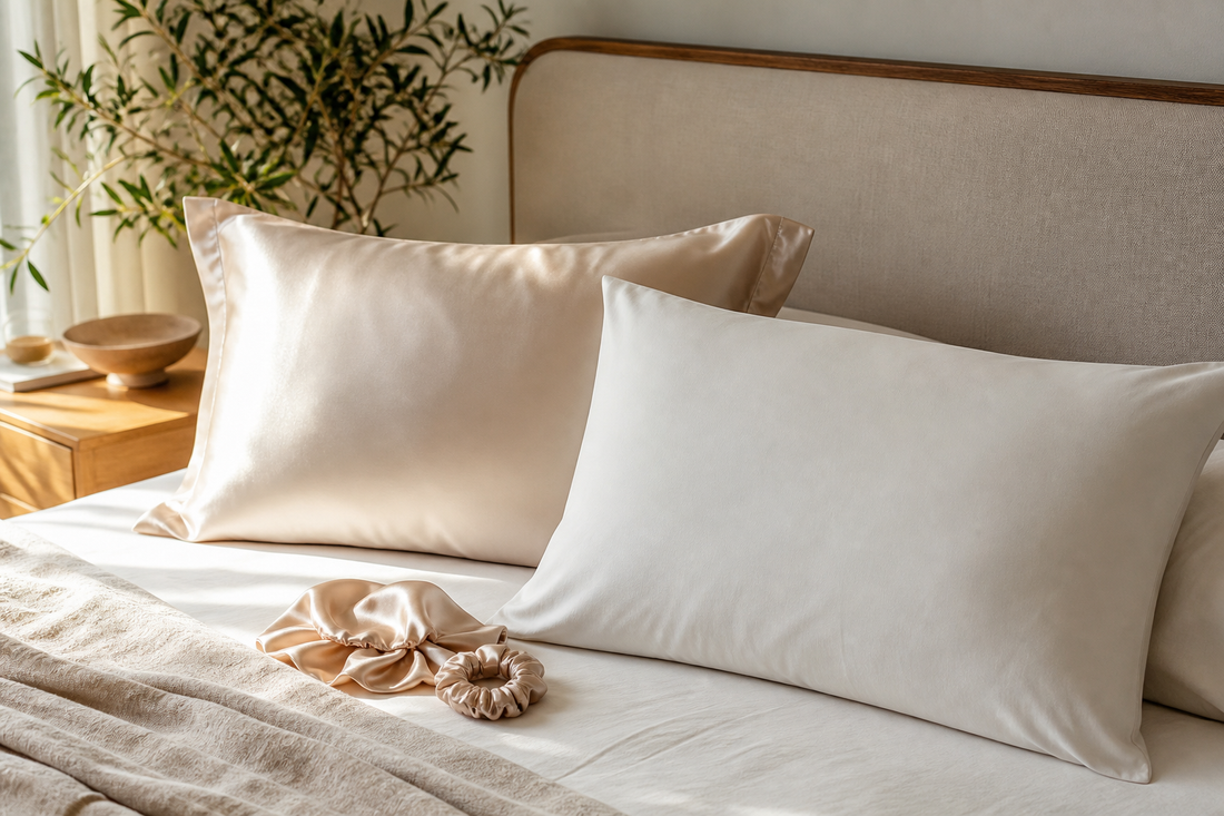 Silk pillowcase and bamboo pillowcase compared in a premium bedroom