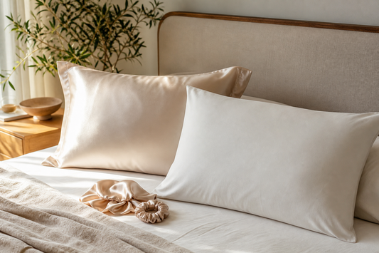 Silk pillowcase and bamboo pillowcase compared in a premium bedroom