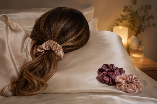 Loose low ponytail tied with a mulberry silk scrunchie on a silk pillowcase