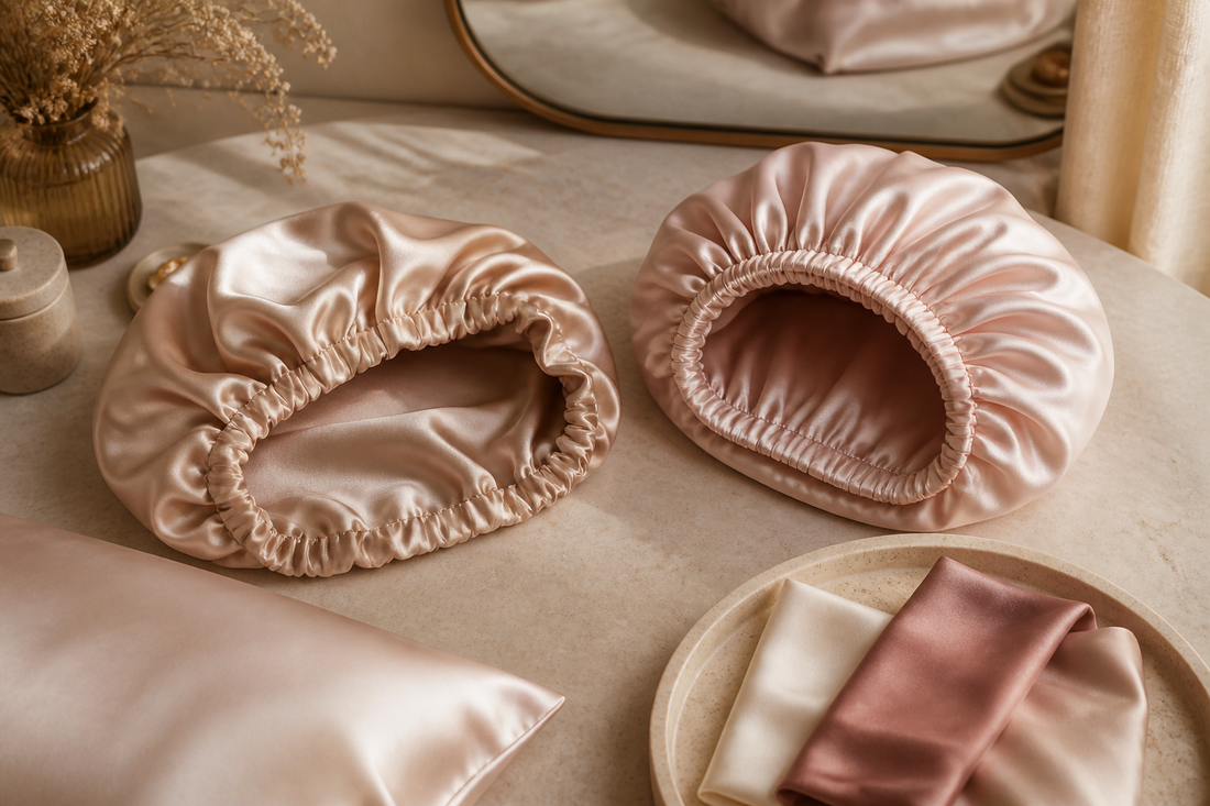 Single-layer and double-layer mulberry silk bonnets compared on a warm dressing table