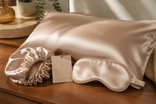 Mulberry silk pillowcase, bonnet and sleep mask with a blank certification tag