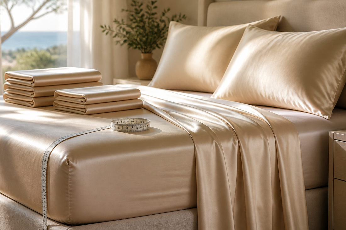 Mulberry silk bed sheets on an Australian bed with a measuring tape