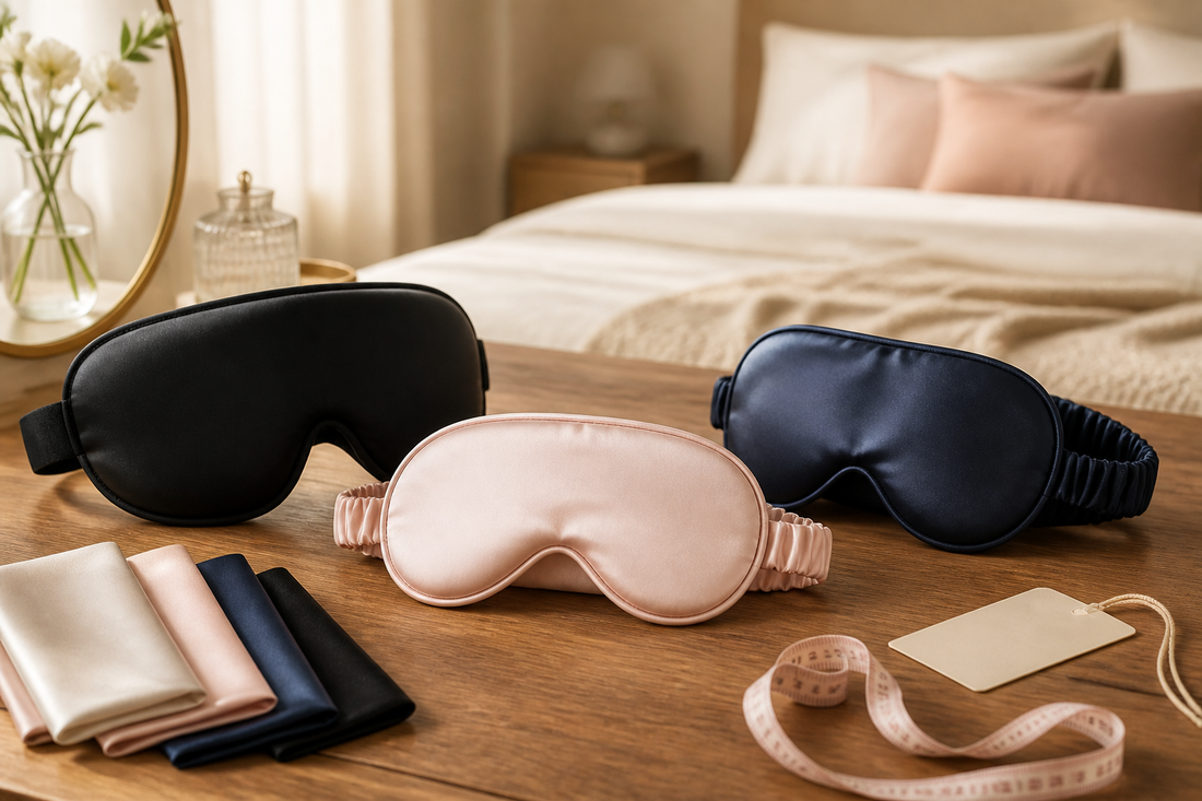 Mulberry silk eye masks compared with silk swatches and measuring tape