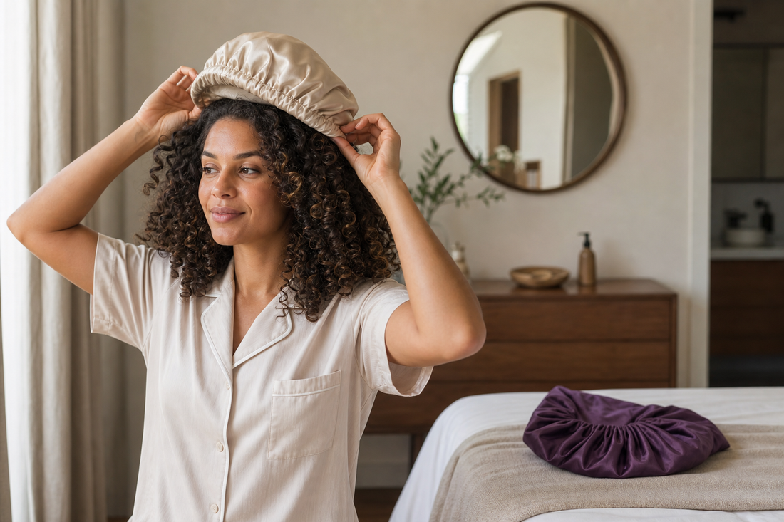 Woman lifting a roomy mulberry silk bonnet from springy curls