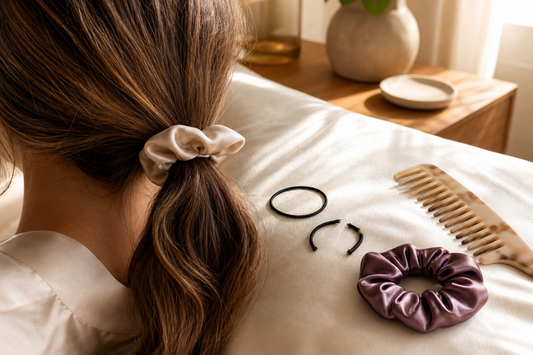 Loose ponytail with a mulberry silk scrunchie beside regular broken hair ties
