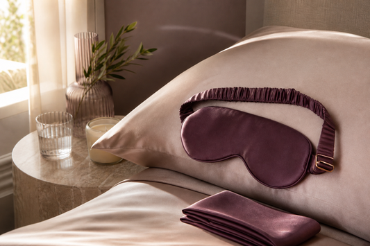 Mulberry silk sleep mask with an adjustable strap on a silk pillowcase