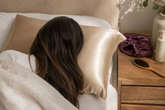 Clean hair beside a mulberry silk pillowcase in a premium bedroom