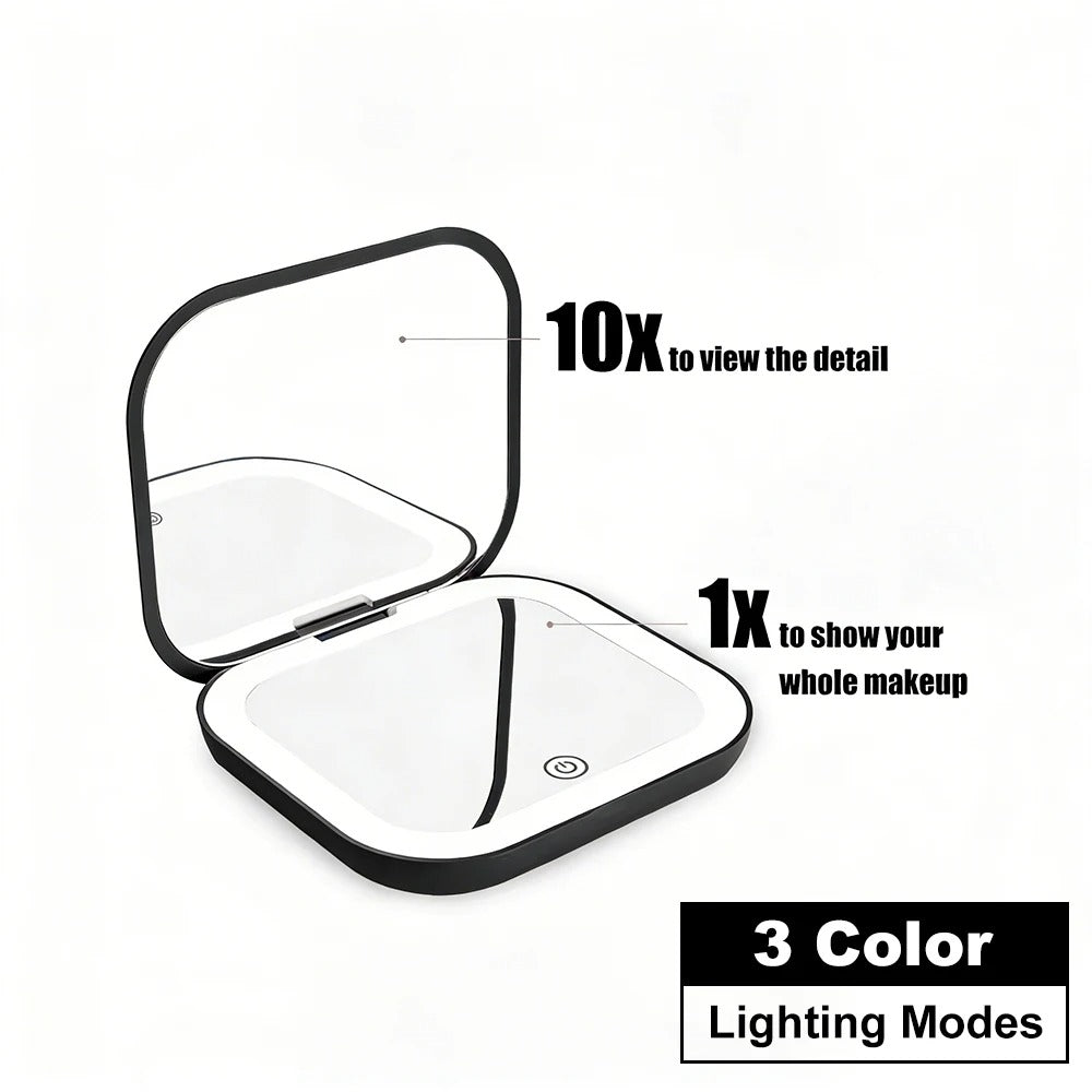 Small Pocket LED Travel Makeup Mirror, 3 lighting model with 10X Magnification