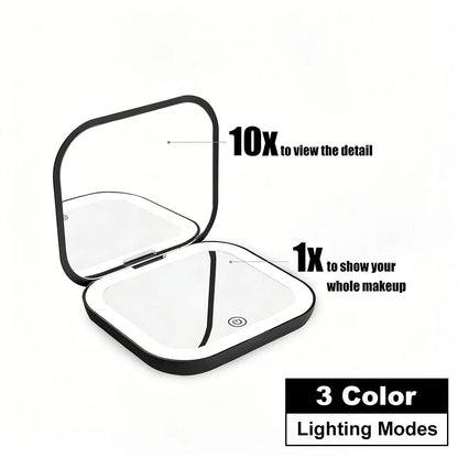 Small Pocket LED Travel Makeup Mirror, 3 lighting model with 10X Magnification