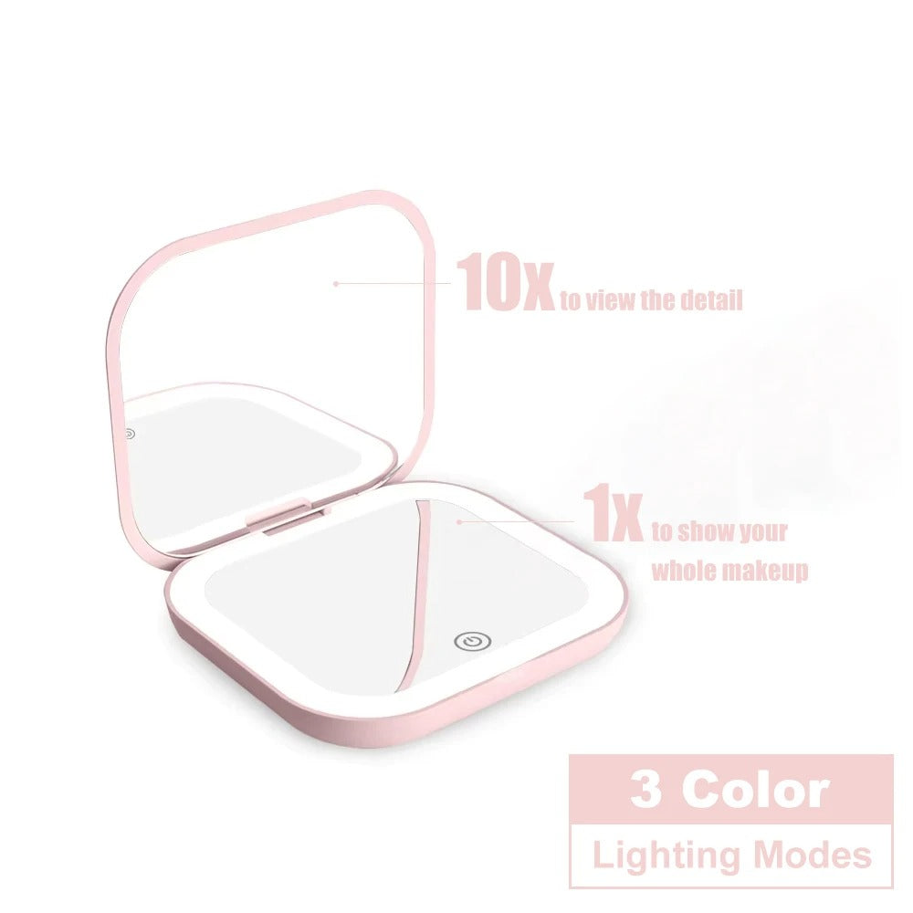 Small Pocket LED Travel Makeup Mirror, 3 lighting model with 10X Magnification