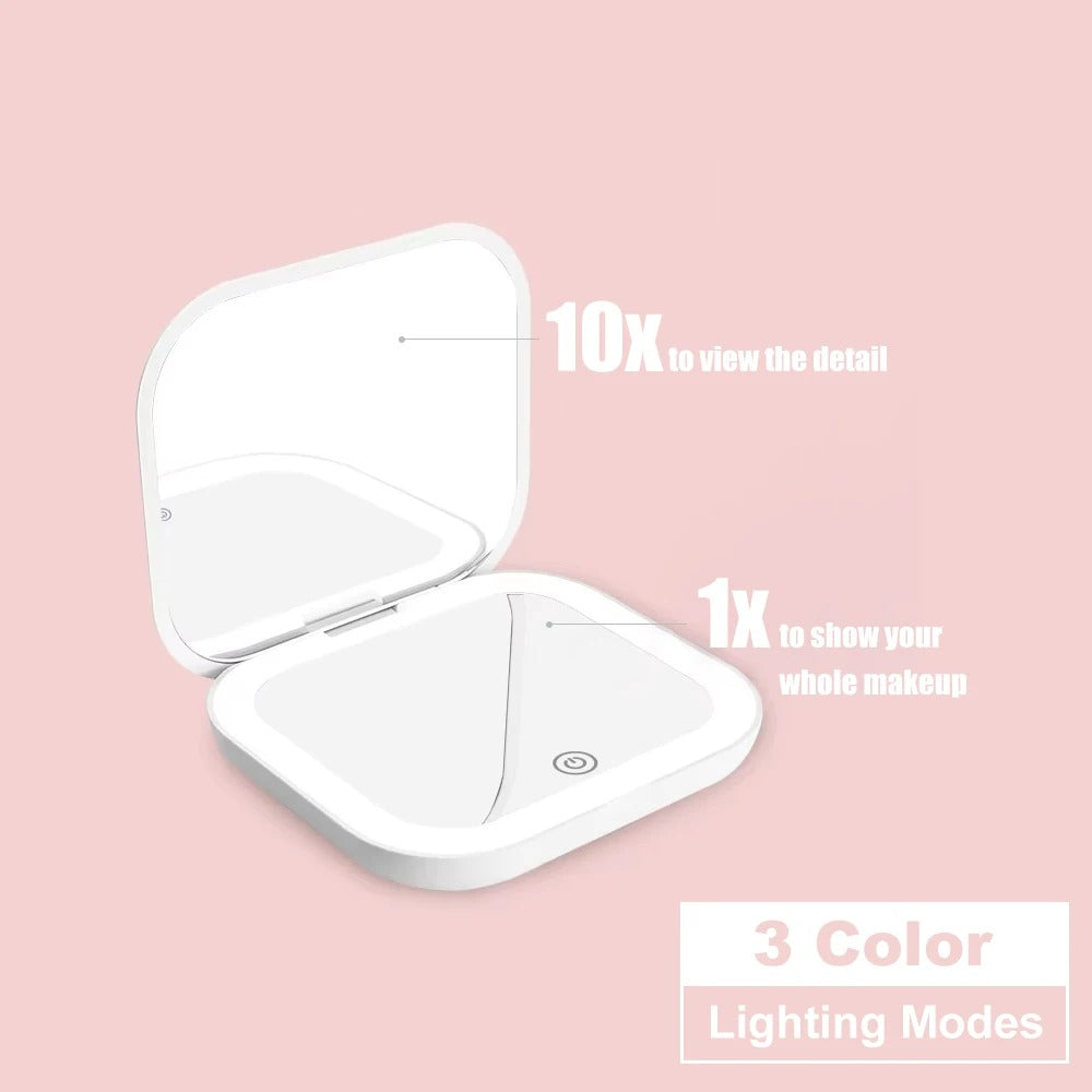 Small Pocket LED Travel Makeup Mirror, 3 lighting model with 10X Magnification