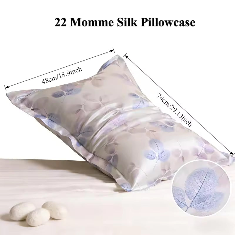 22 Momme leaf-print silk pillowcase showing dimensions (48x74cm) and silkworm cocoons.