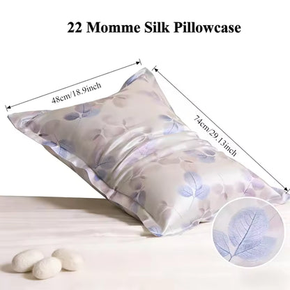 22 Momme leaf-print silk pillowcase showing dimensions (48x74cm) and silkworm cocoons.