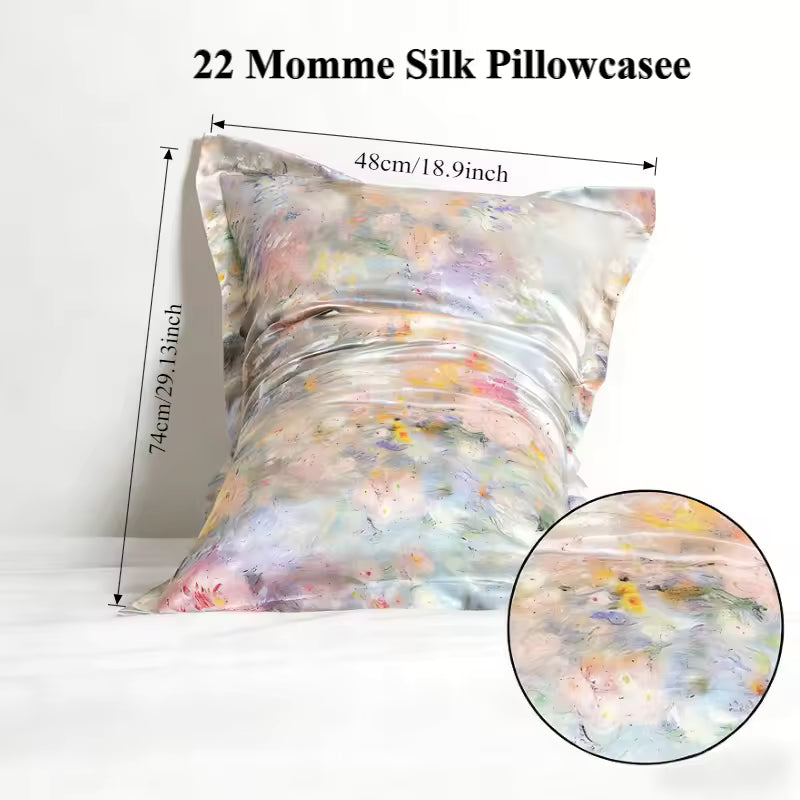 22 Momme floral print silk pillowcase with measurements: 48cm/18.9in x 74cm/29.13in.