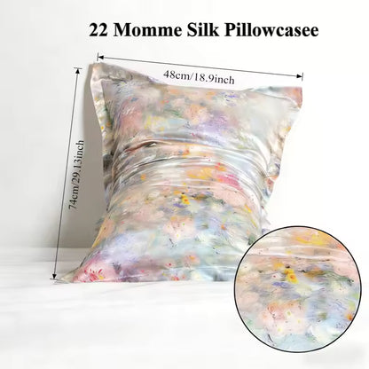 22 Momme floral print silk pillowcase with measurements: 48cm/18.9in x 74cm/29.13in.