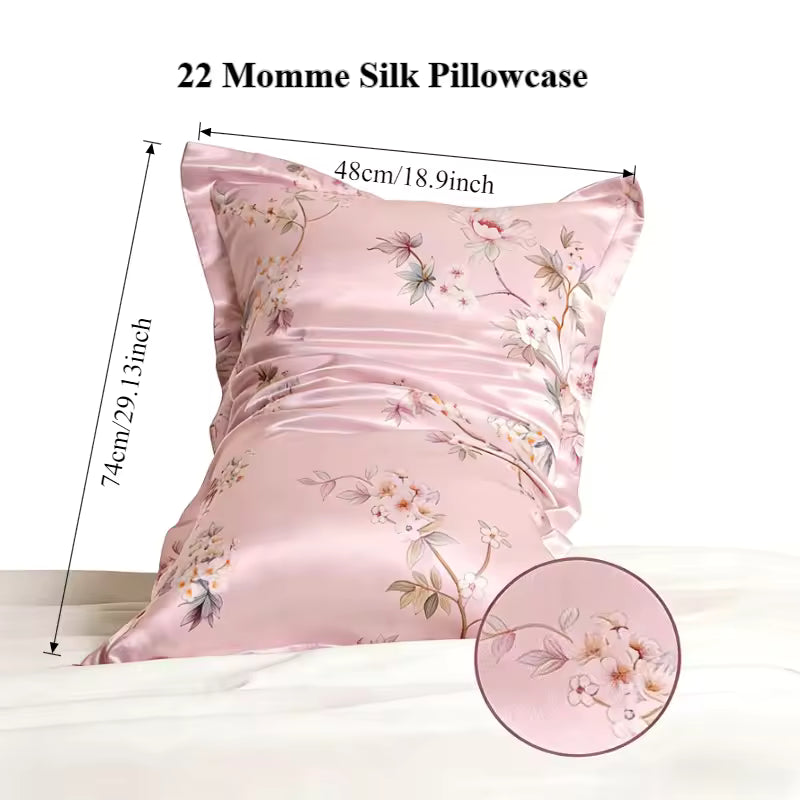 22 Momme pink floral silk pillowcase with measurements: 48cm/18.9in x 74cm/29.13in.