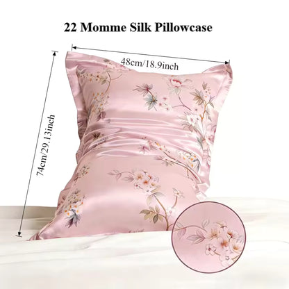 22 Momme pink floral silk pillowcase with measurements: 48cm/18.9in x 74cm/29.13in.