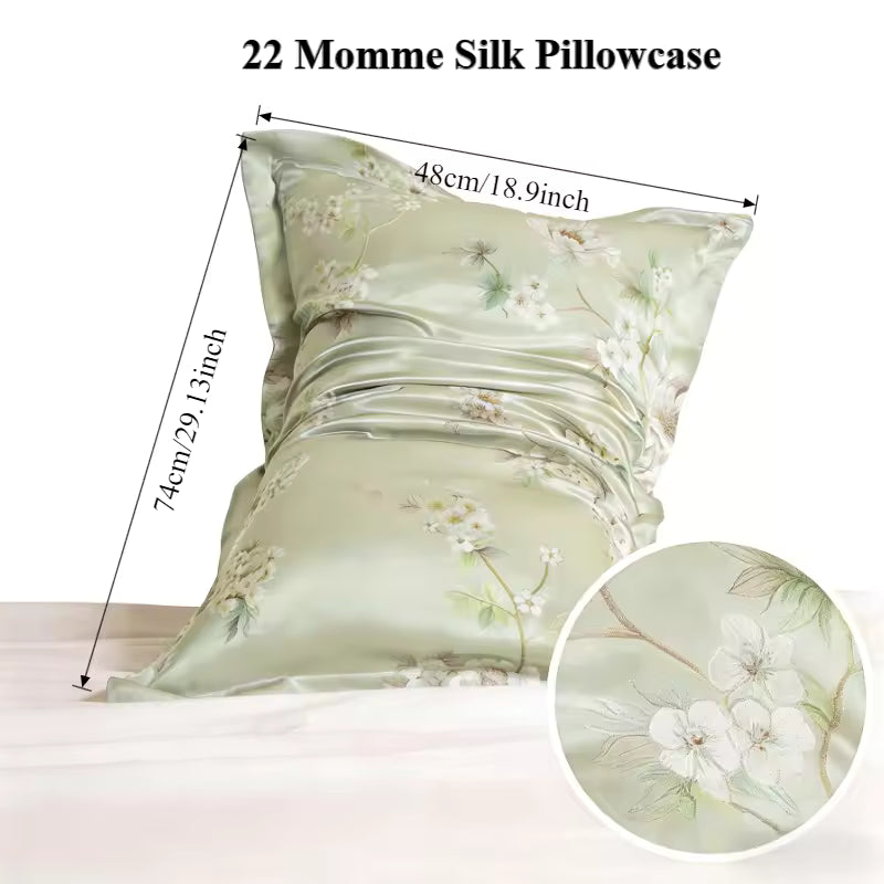 22 Momme green floral silk pillowcase with measurements: 48cm/18.9in x 74cm/29.13in.